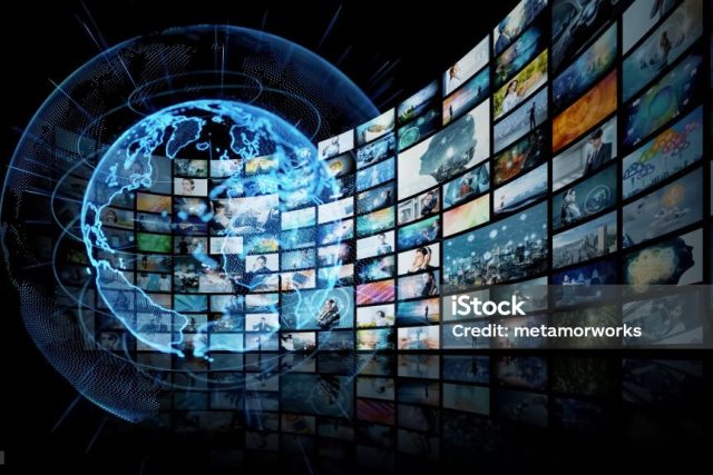 Visual contents concept. Social networking service. Streaming video. communication network. 3D illustration.